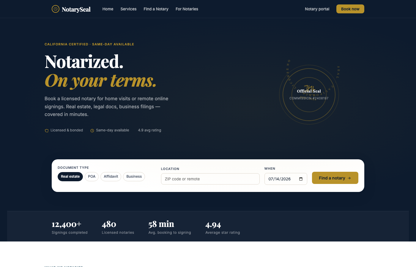 NotarySeal business starter landing page