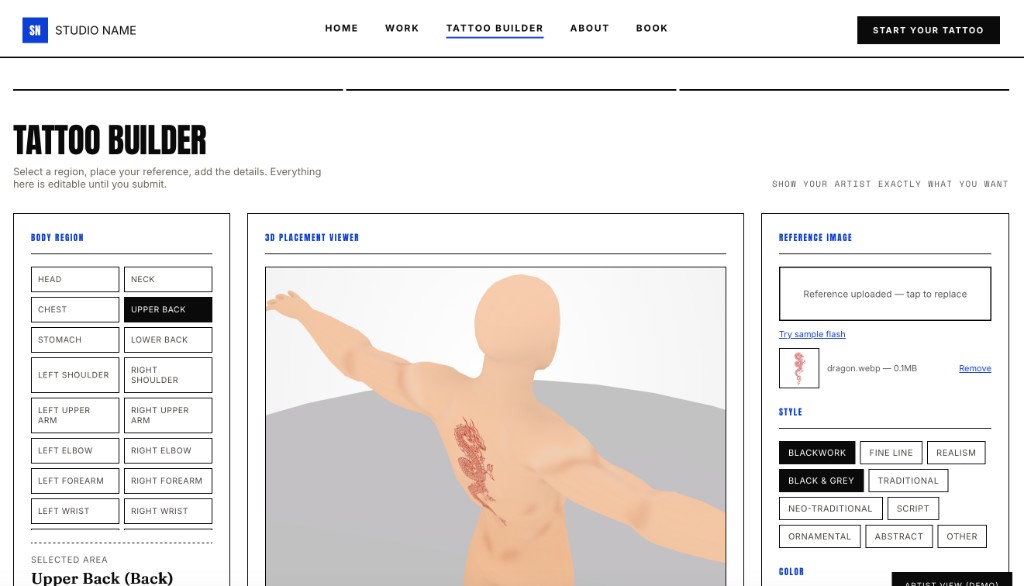 Tattoo Builder 3D placement interface